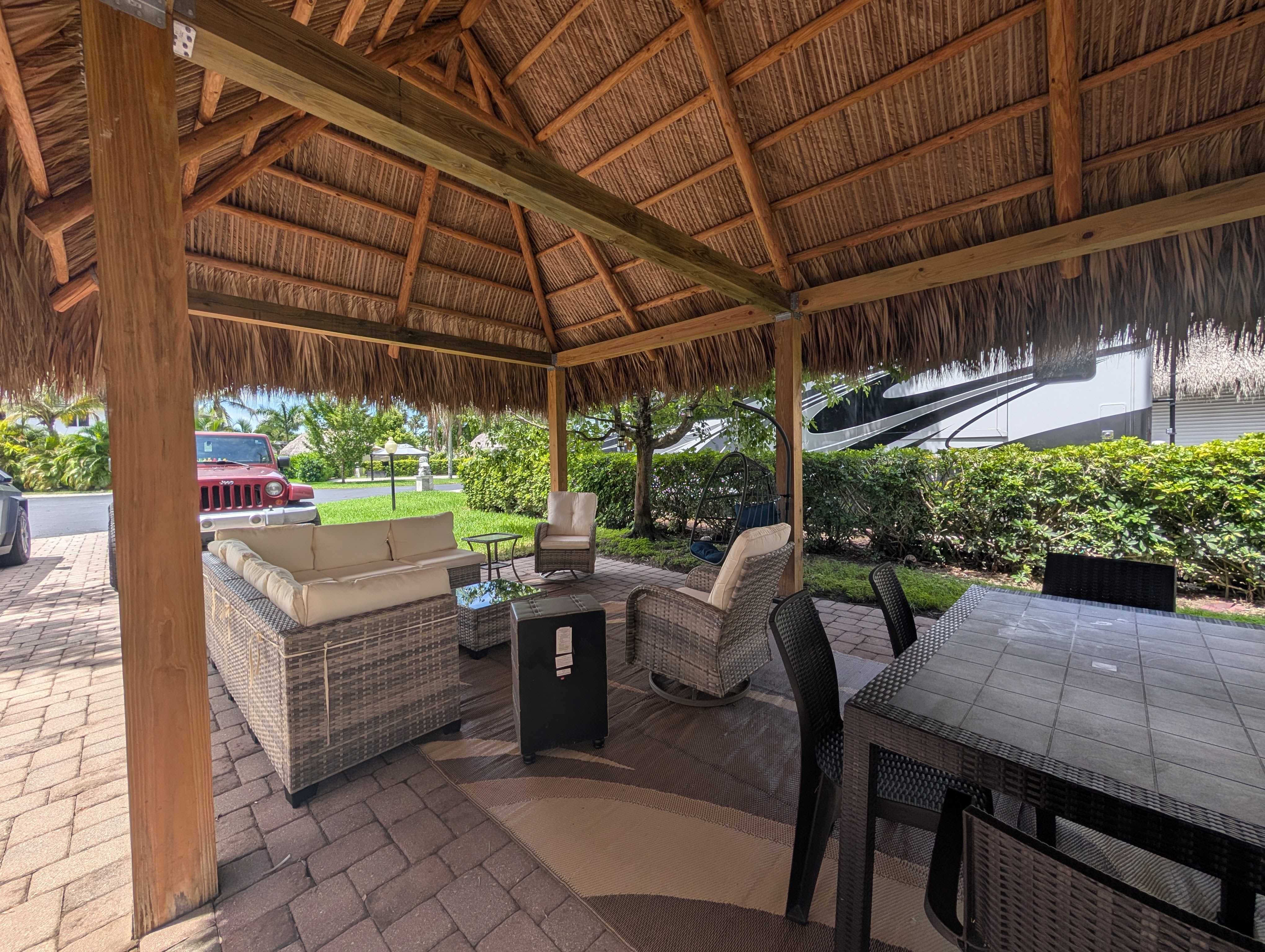 Tiki hut lounge seating area